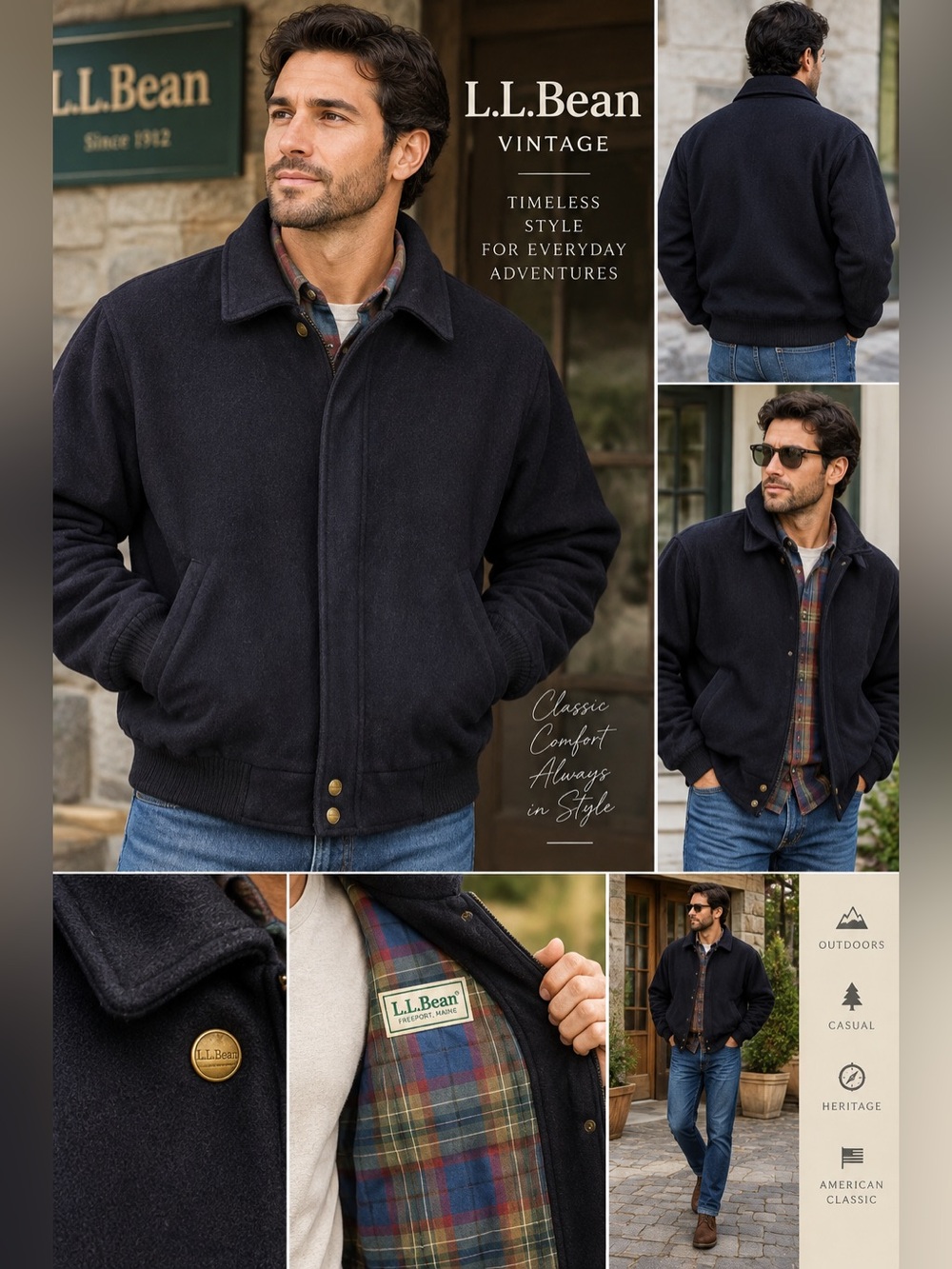 Vintage 90’s LL Bean Navy Blue Wool Coat Bomber Jacket Men’s L Plaid Lining USA